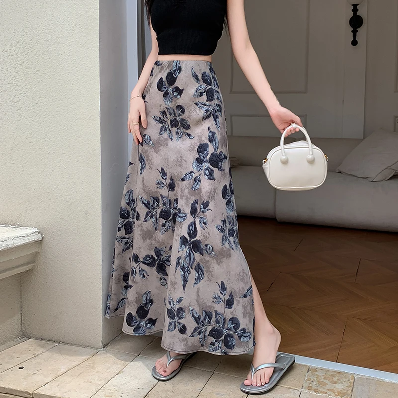 

French Vintage Print Floral Long Skirt for Women Summer High Waist a Line Split Skirt Elegant Casual Office Skirts Female