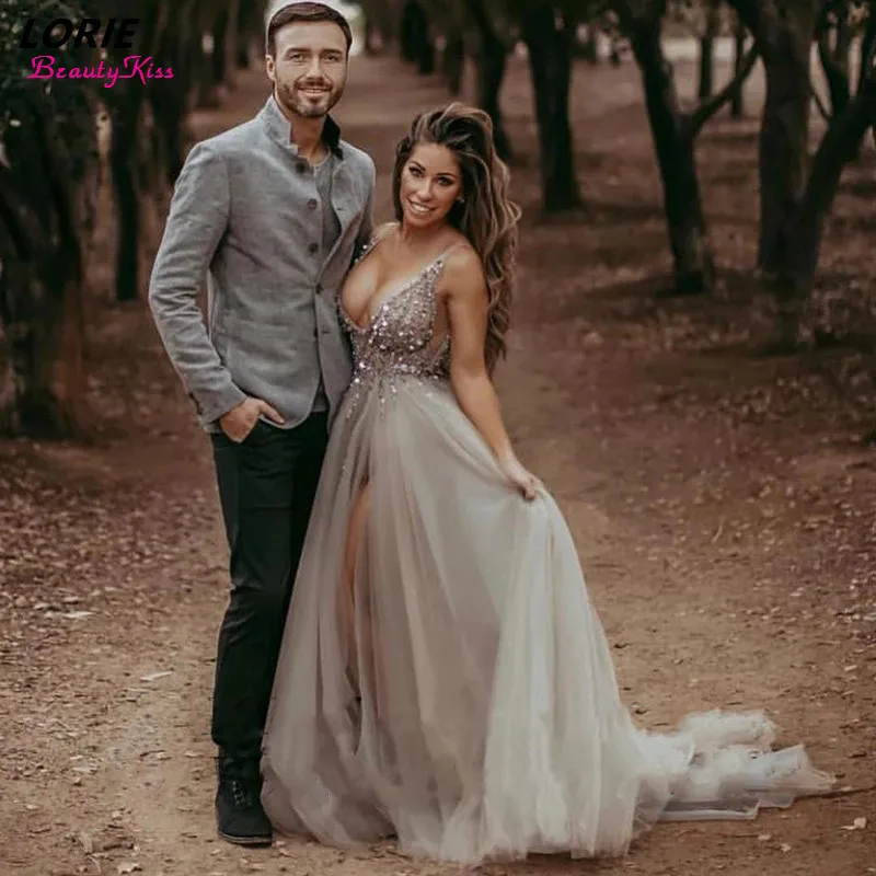 Sexy Glitter Side Slit Wedding Dresses Deep V-Neck Sleeveless Bling Sequins Boho Bridal Gowns A-Line Tulle Bride Dress