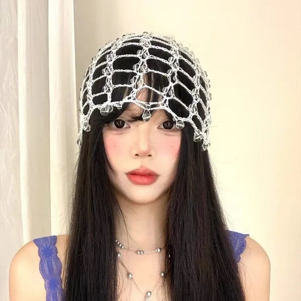 

Trendy Handmade Chain Beaded Hats Face Slimming Punk Y2K Pullover Beanies Hats Tassel Hollow out Cap Women Fashion
