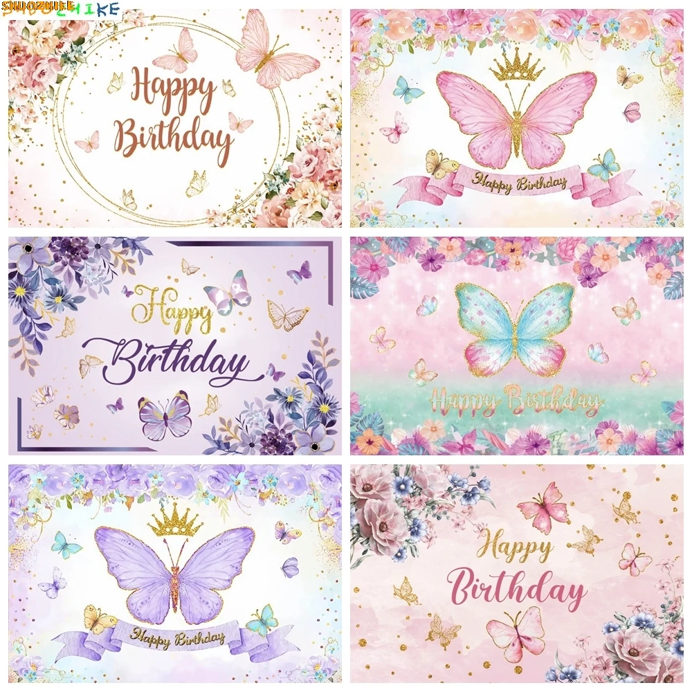 

Cartoon Butterfly Backdrop Photography Girl First Birthday Party Flower Gold Dots Baby Shower Photo Background For Photo Studio
