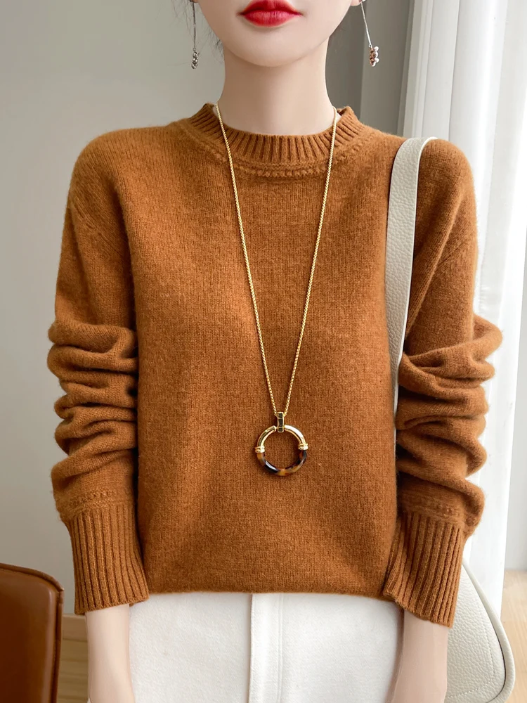 Damski sweter ze 100% wełny merino, miękki, ciepły, jesienno-zimowy, z okrągłym dekoltem, dzianina, casualowy, prosty, wygodny, pełen gracji.