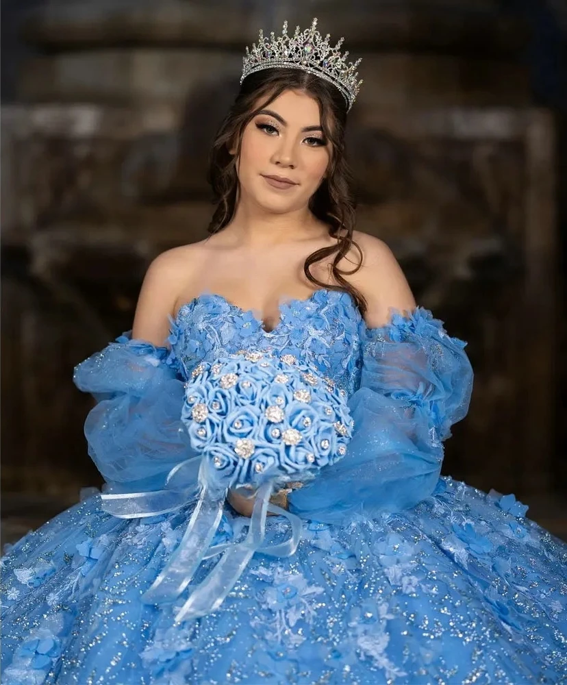 Vestidos Quinceanera com charme azul céu, mangas compridas, vestido de baile floral, 16 vestidos doces mexicanos brilhantes, 15 anos