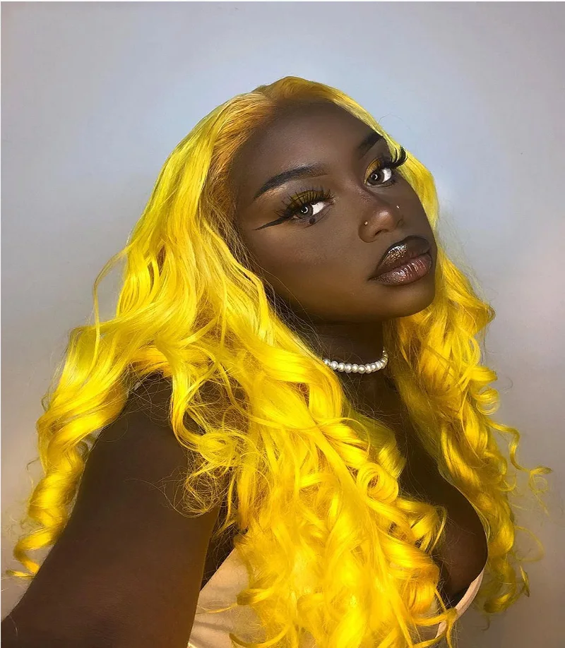 Bright Yellow Color Long Body Wave  Preplucked Soft 26 Inch 180% Density Wine red Lace Front Wig Fiber