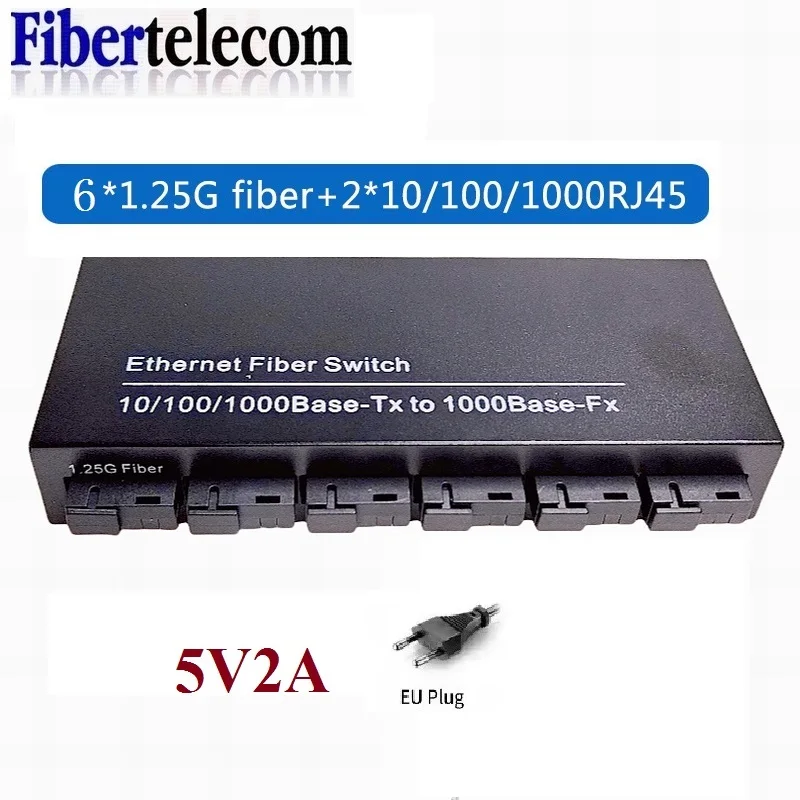 100/1000M Gigabit Ethernet Fiber Switch 6*1.25G Fiber Port 2 RJ45 Port Media Converter 20KM SC Single Mode Optical Transceiver