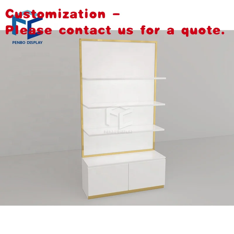 

custom.White and Golden Clothes Shelf Customized Mdf Boutique Display Shelf Wall Showcase Furniture Sale