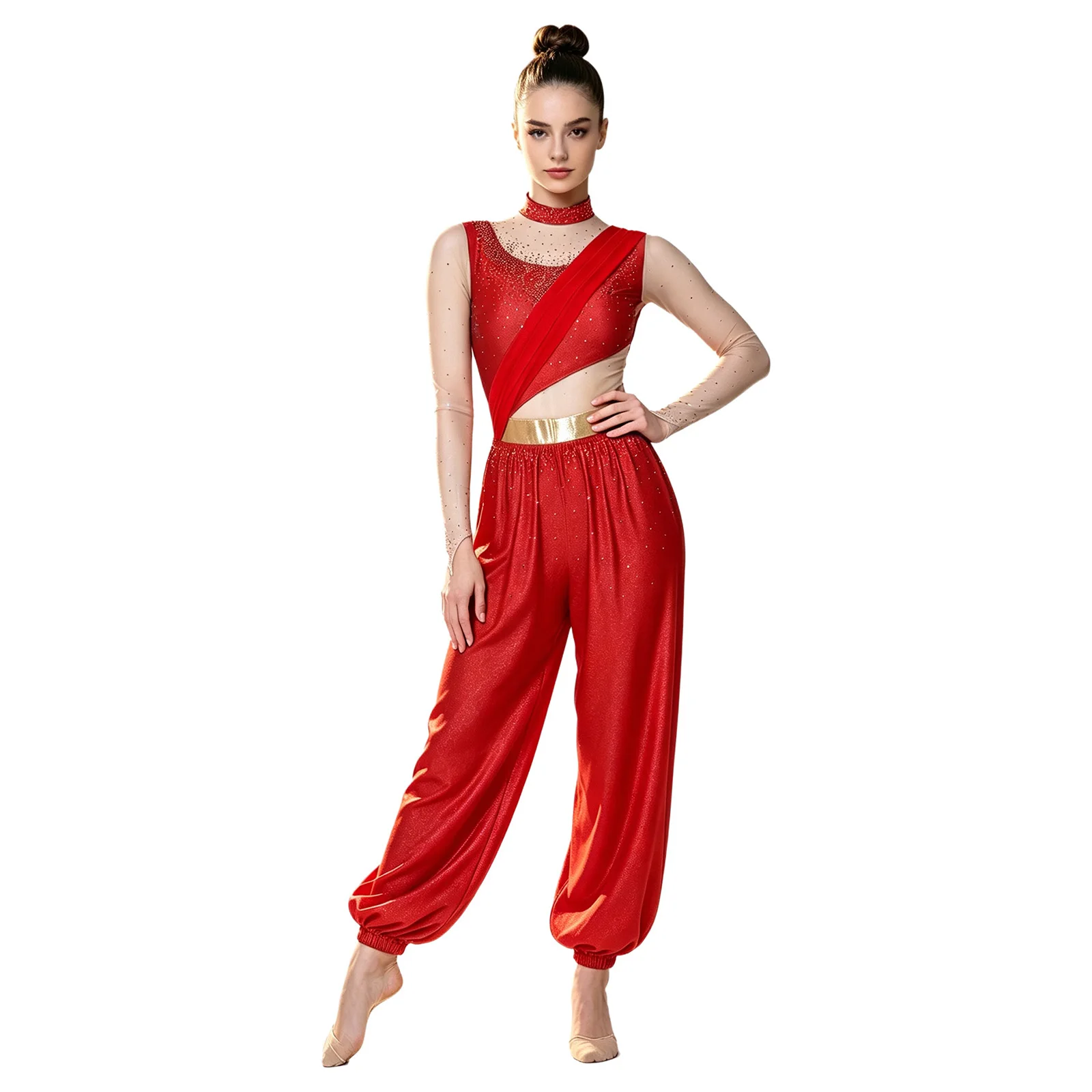 Bauchtanz-Outfit für Damen mit Strasssteinen, Märchenprinzessin-Kostüm, Transparenter Mesh-Jumpsuit mit Langen Ärmeln und Metallischer Taillenlinie – Detail 8