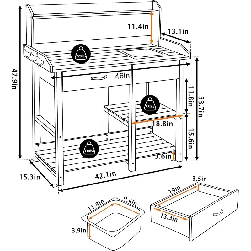 طاولة حديقة منضدة للأماكن الخارجية مع حوض من الفولاذ المقاوم للصدأ قابل للإزالة، مقعد عمل للزراعة مع أرفف تخزين وسحب #6