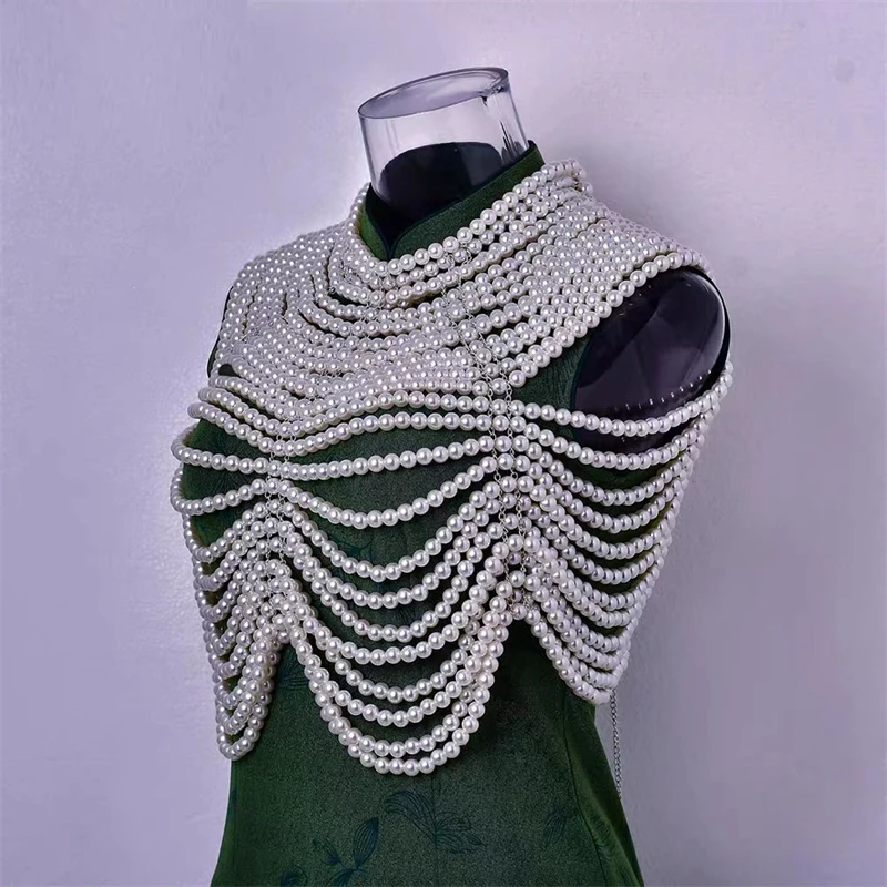 Mehrlagige Perlen-Schulterkette, Tank-Top-Körperkette für Damen, Hochzeitsfeier, Brautgurt, Schal-Halskette, Statement-Schmuck – Detail 5