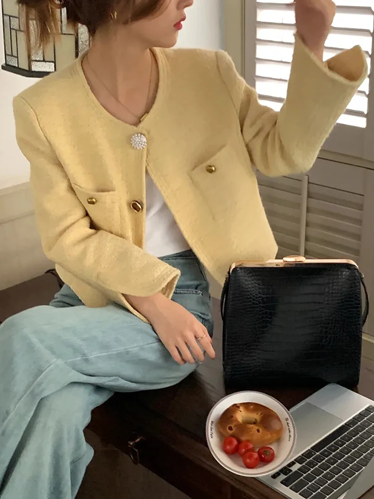 Jmprs Elegant Yellow Tweed Jacket Women Vintage Slim Long Sleeve Vintage Short Coat Fall French Causal Retro O Neck Female Tops