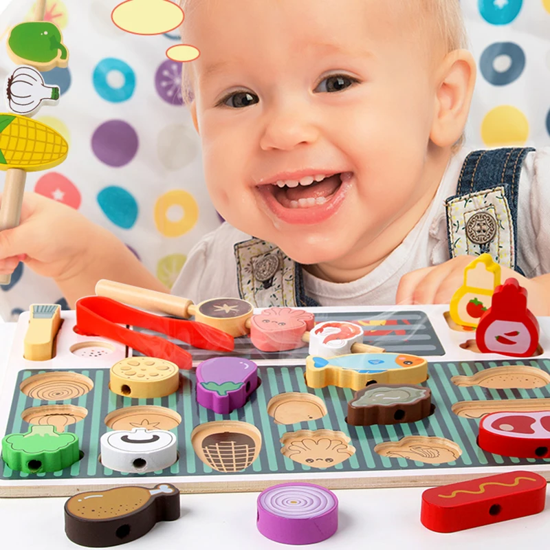 Montessori drewniane udawaj zagraj w zabawki kuchenne deser Puzzle zabawki symulacja grill udawaj rolę gra w pomieszczeniach dla małych dzieci w