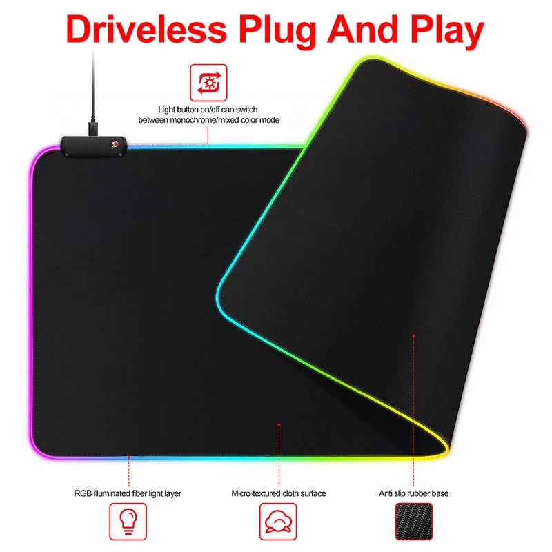 RGB Luminous Pure Black Mouse Pad Thickened Mouse Pad Large Table Pad Encrypted Non-slip Cool Extra Large E-sports Game Office