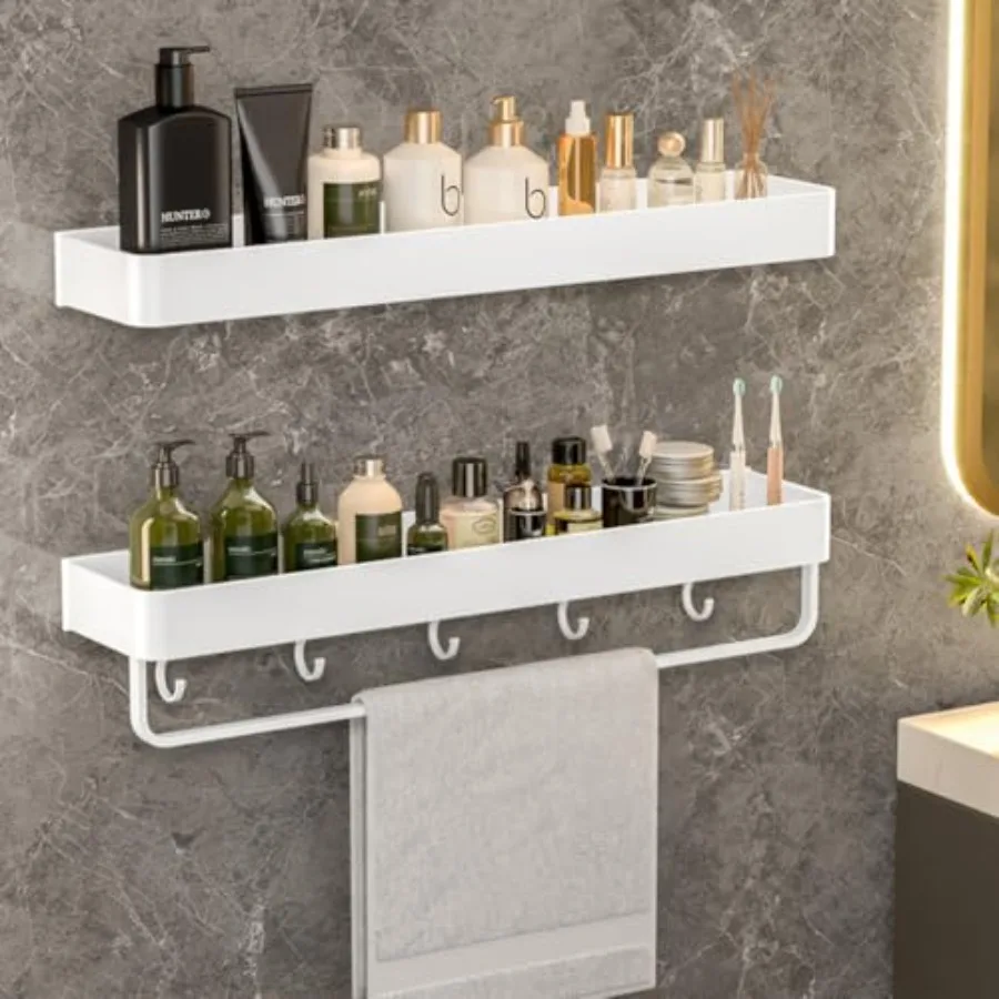 

2-Tier Floating Shelf with Removable Hooks, Bathroom Shelves Wall Mounted White