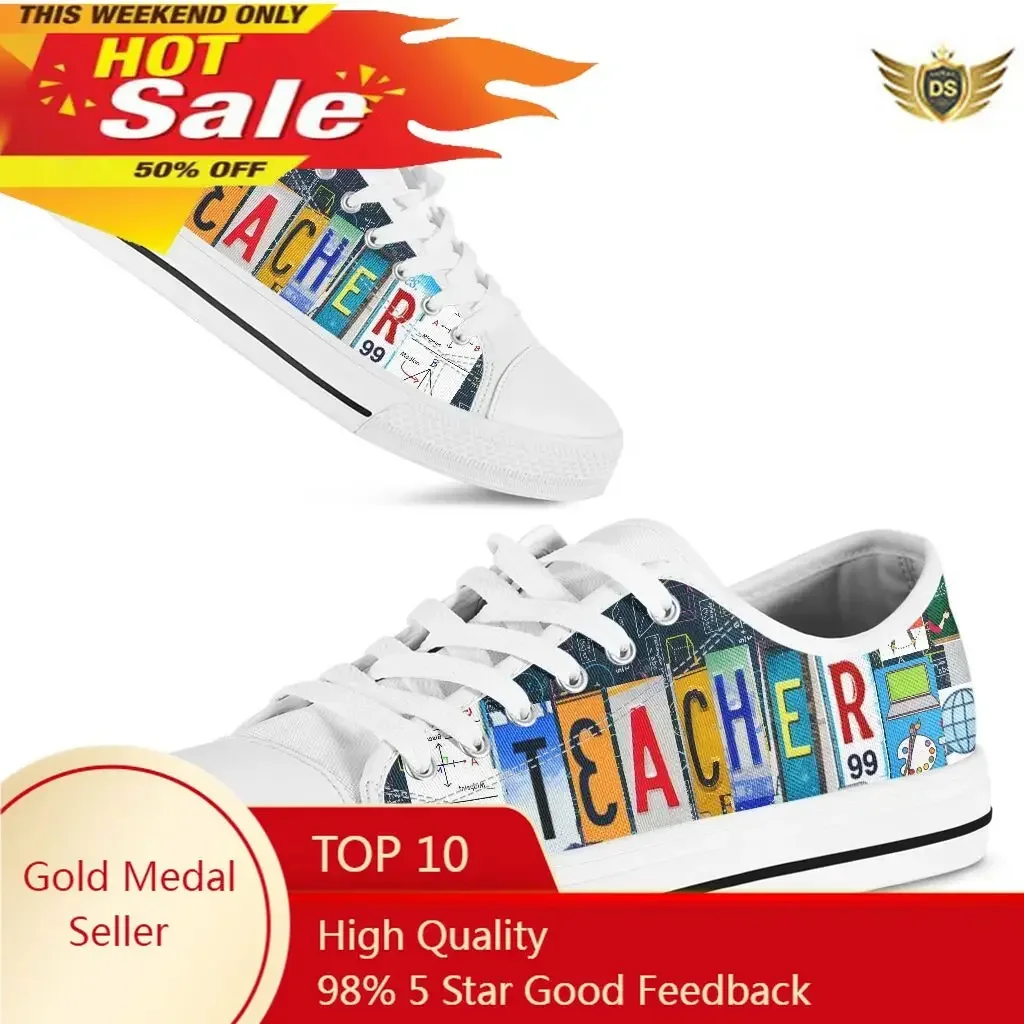 Shoes Women Canvas License Plate Teacher Lace Up Casual Vulcanized Woman Flats White Breathable Sneakers