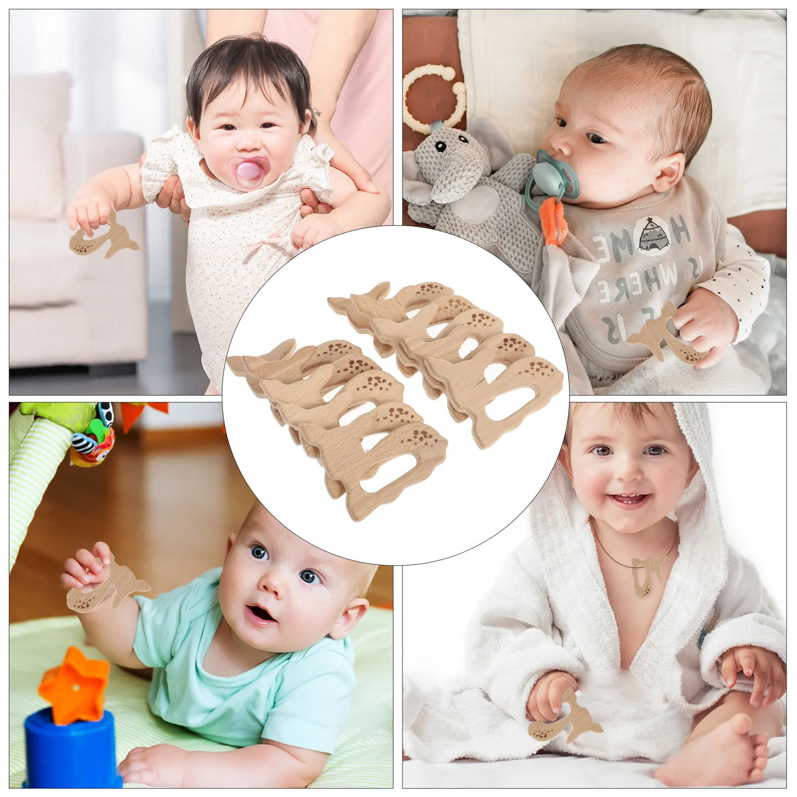 

10Pcs Beech Baby Pendant Wooden Teether Lovely Cartoon Shape DIY Pacifier Chain Adornments Safe Fooddegradable