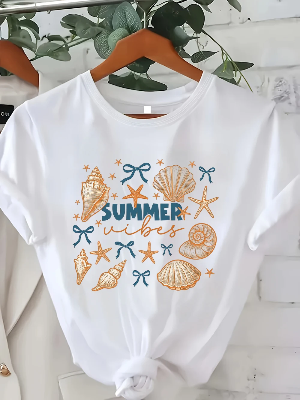 Women Casual White T-Shirt She Sells Sea Shells By The Sea Shore Print Soft Cotton Short Sleeve Crew Neck Summer Daily Wear Tee
