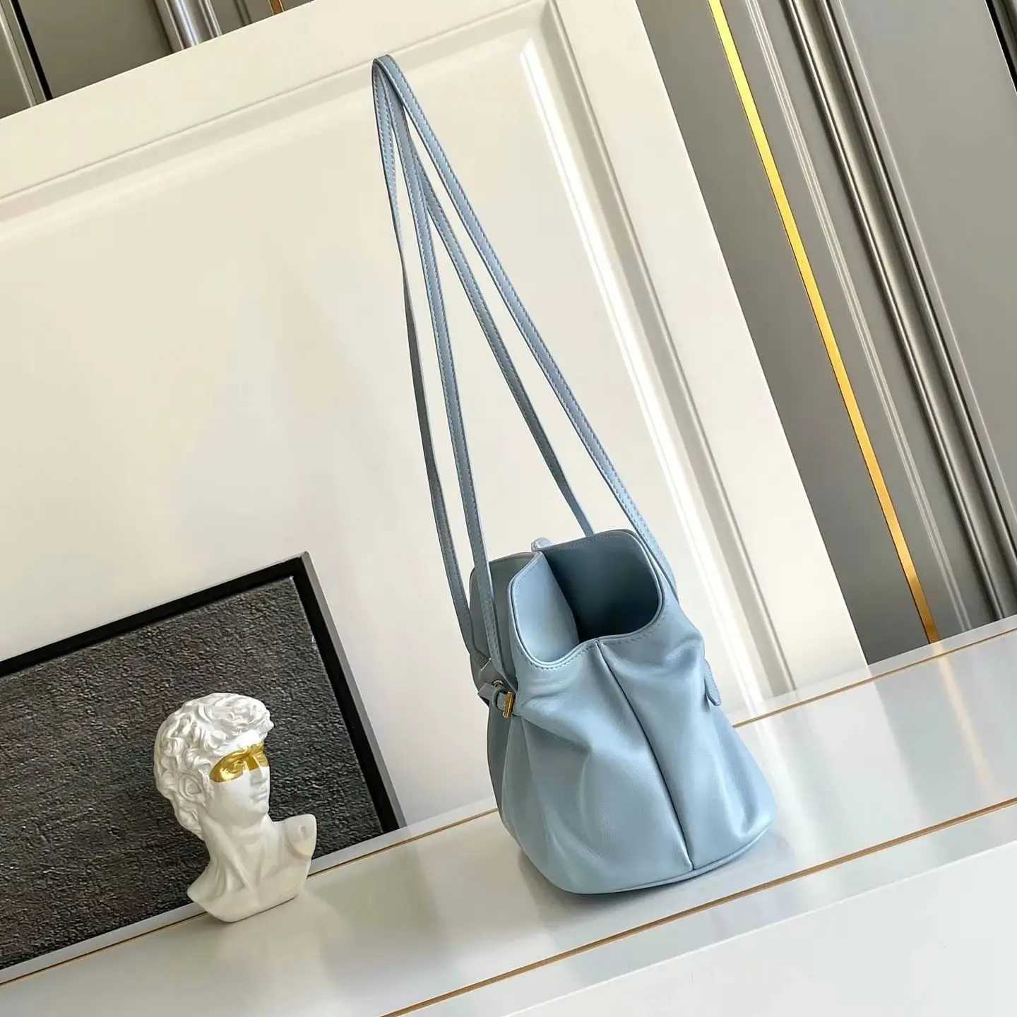 Light Blue Soft Leather Mini Bucket Bag, Luxury Multi-Way Shoulder Handbag