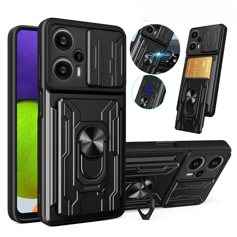For Xiaomi Poco F5 Case Slide Camera Lens Protect Shockproof Armor Cases Xiaomi Poco Little F5 5G Card Slot Bracket Back Cover