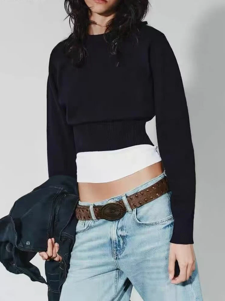 Estilo europeo y americano 2025 otoño recién llegados ropa de mujer versátil suéter de manga larga con cuello redondo corto