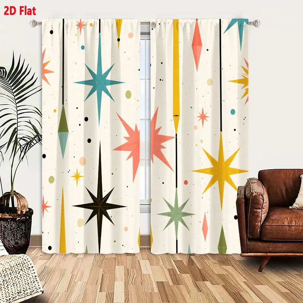 2Pcs Curtains Seamless Retro Celestial Pattern With Teal Coral Pink Mustard Yellow And Olive Green Stars On Cream Background Win
