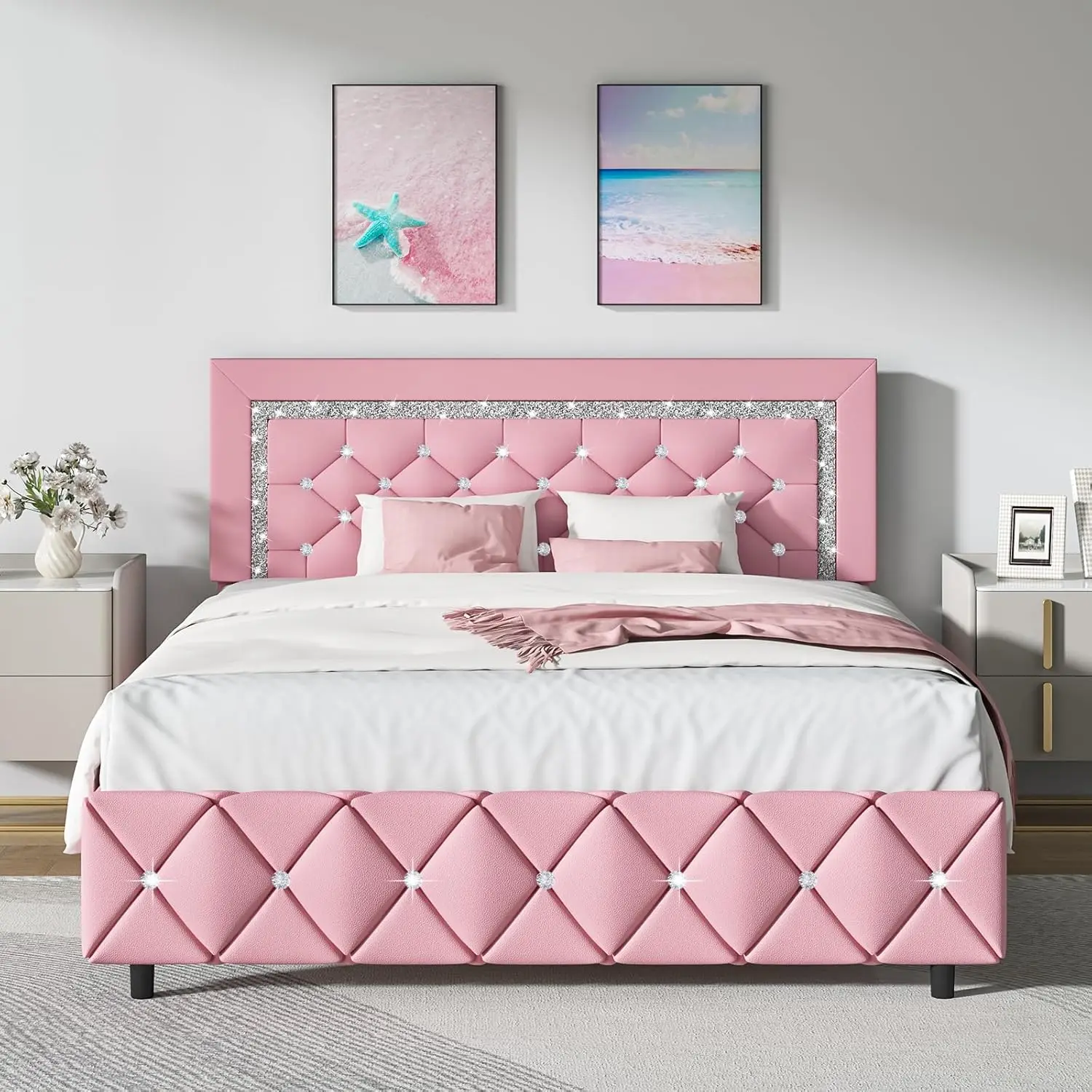 Queen Bed Frame, Upholstered Bed Frame Queen Size with Diamond Tufted Headboard, Faux Leather Headboard & , Wood