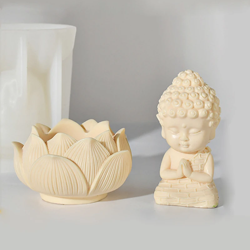 3D Buddha Monk Lotus Flower Candlestick Silicone Candle Mold Handmade Aromatherapy Plaster Resin Making Mould Home Decor