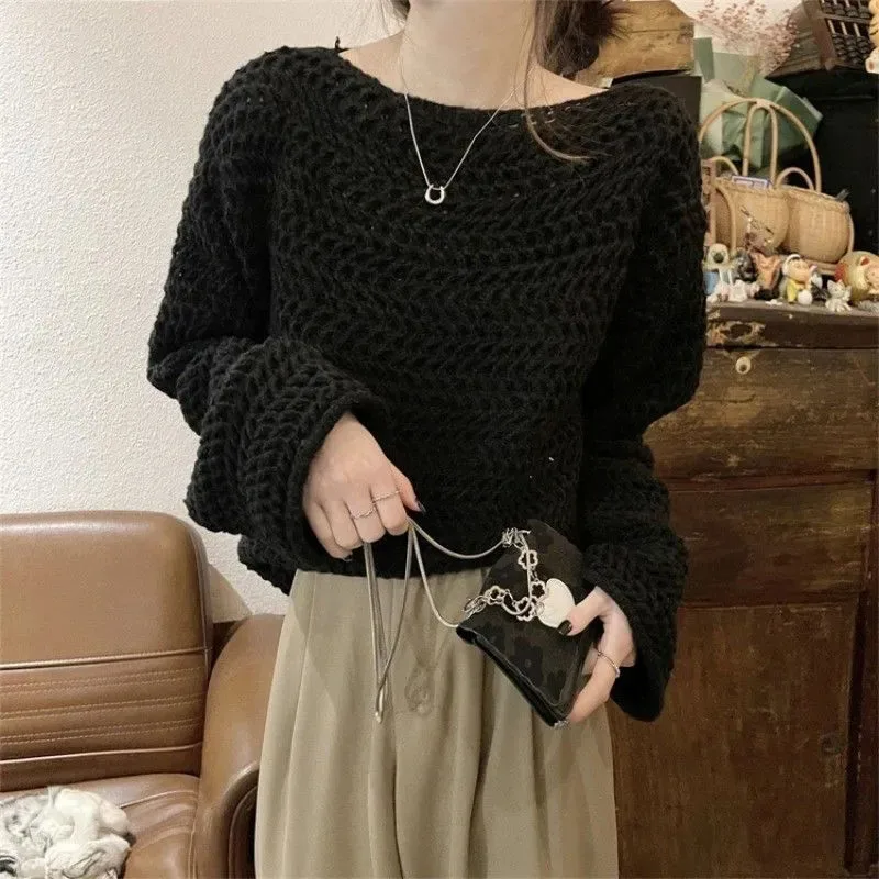 Sexy Hollow Out Knit Sweater Women Y2K Korean Loose Long Sleeve O Neck Pullovers Autumn Thick Warm Solid All Match Jumpers New