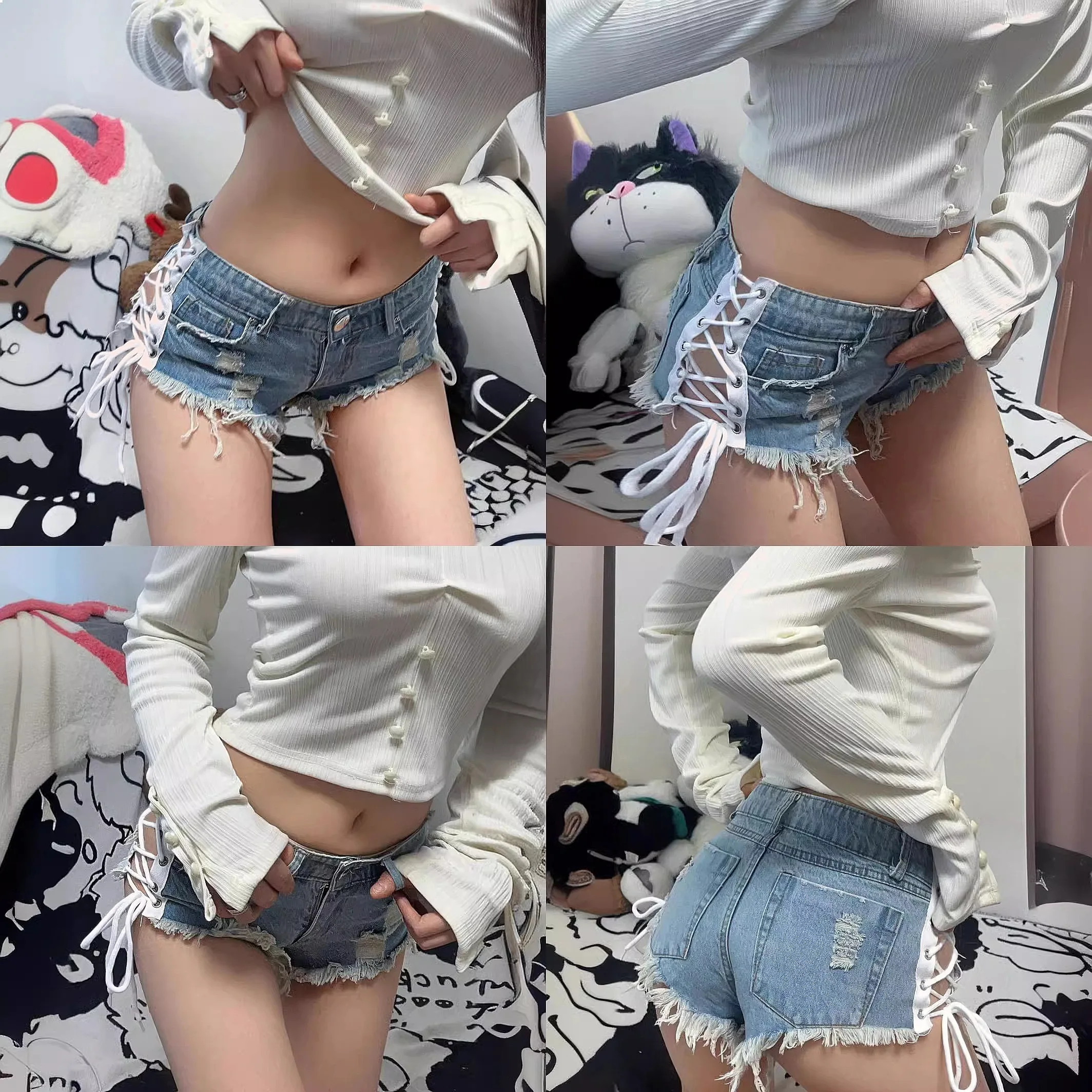 

New High-waisted Sexy Ripped Elastic Personalized Hot Pants Strap Spice Girls Casual Pants Denim Shorts Jeans