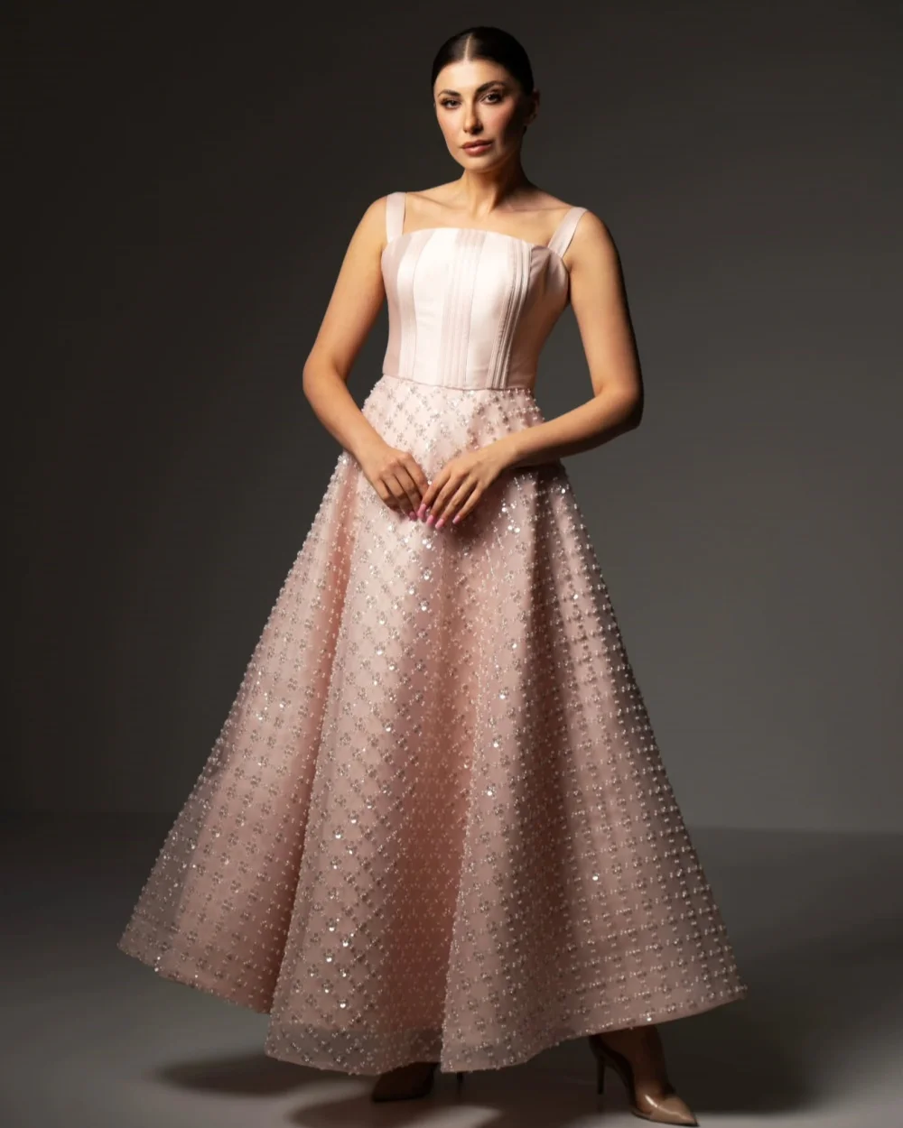 

Customized Elegant Women Charmeuse Sequined Ruched A-Line Evening Dress Formal Off-the-shoulder Sleeveless Ankle Length Dresses