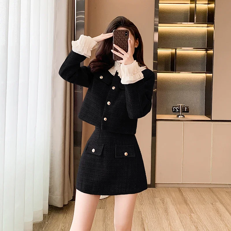 UNXX Real Photos New Korean-style French Elegant Audrey Hepburn-style Down Jacket: Elegant Coat + High-waist Skirt, Women's Set