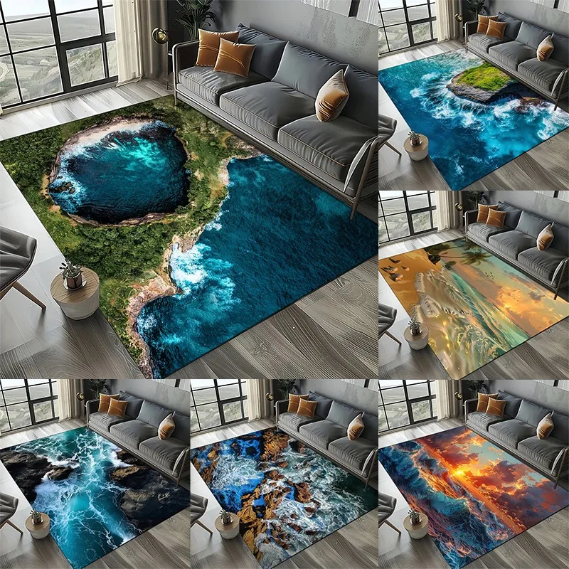 3D-Insel-Ozeanblauer Teppich, moderner Küsten-Wohnzimmerteppich, rutschfeste, weiche Bodenmatte, perfekt für Sofa, Schlafzimmer, Dekoration