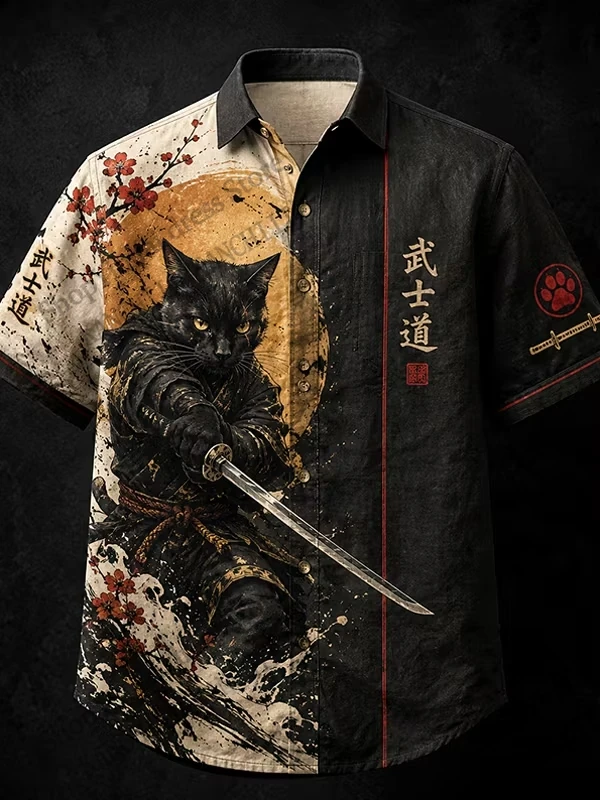 New Camisa Japanese Samurai Cat 3d Print Hawaiian Shirt Men Women Fashion Short Sleeve single-breasted Casual Beach Shirt blouse