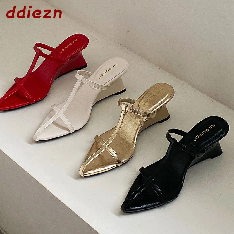 

New In Summer Fashion T-Strap Women Wedges Sandals Pumps Heels Slides Pointed Toe Elegant Design Wedge Shoes For Ladies Sandal
