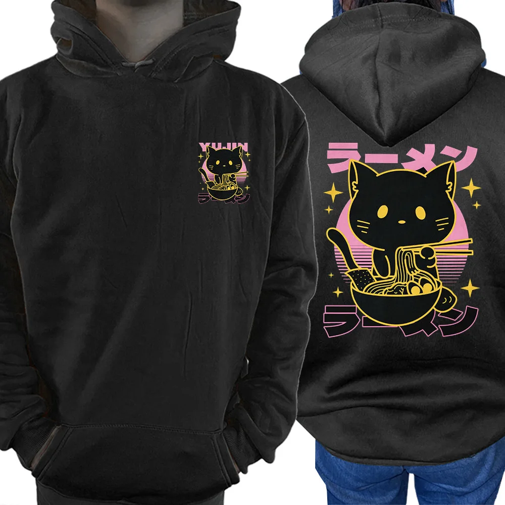 Cats Eating Lamian Noodles Cartoon Image Youth Fashion Matching Street Style Sports Women Clothing Casual Hoodie