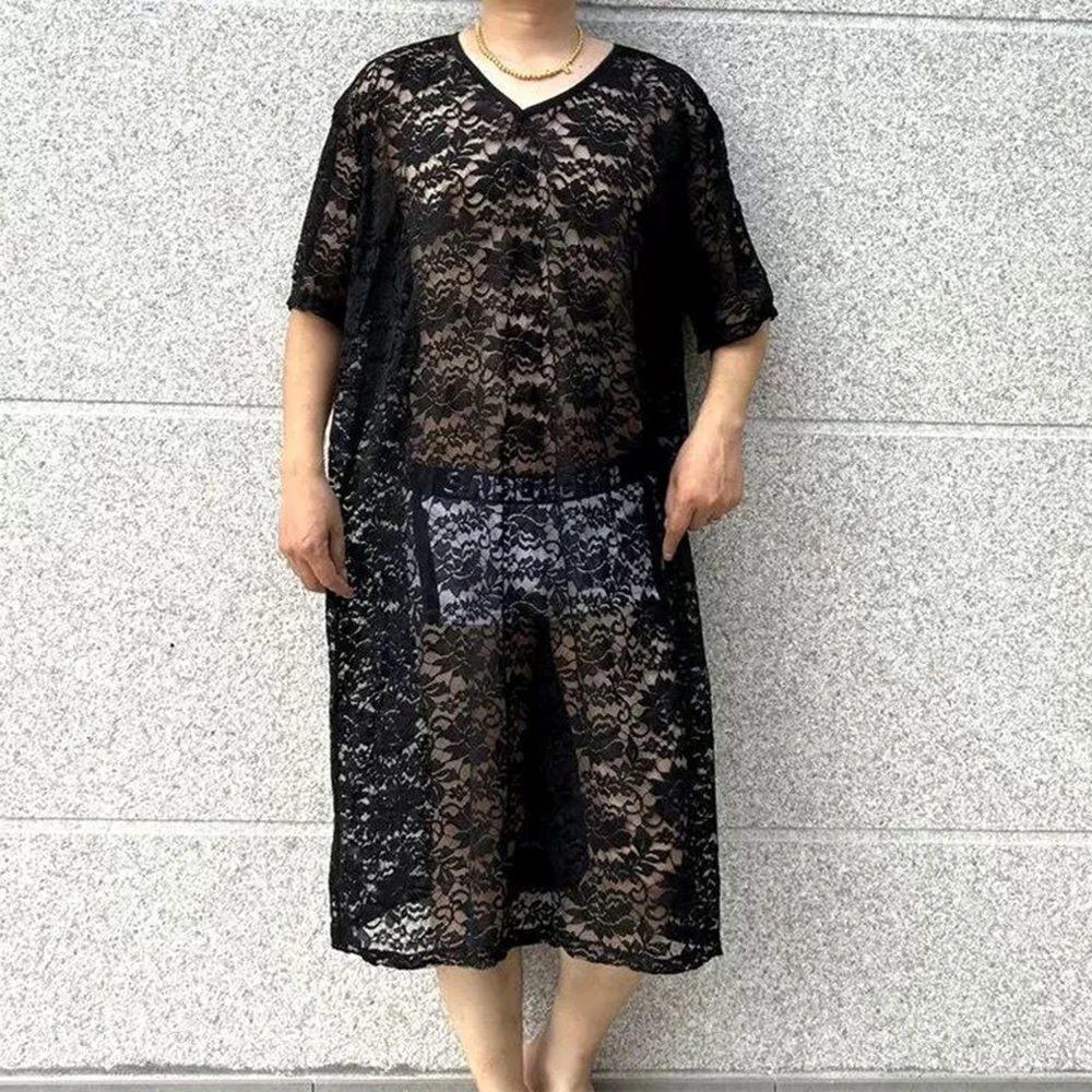 

Summer New Men's Semi-Transparent Lace Short-Sleeved Robe Retro Sexy American Fashion Trend Loose Breathable Niche Men's Clothes