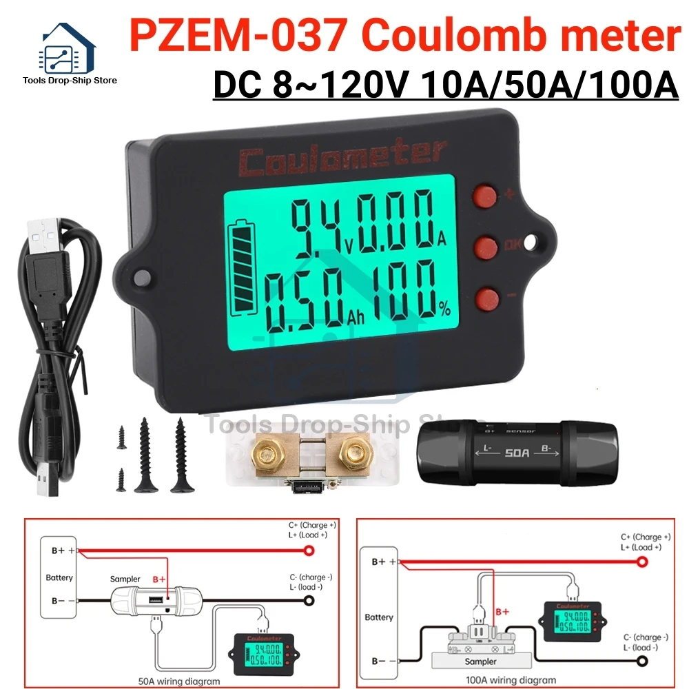 8V-120V 10A/50A/100A Coulomb Counter Meter Full Battery Tester with LCD Voltmeter and Capacity Indicator Battery Monitor