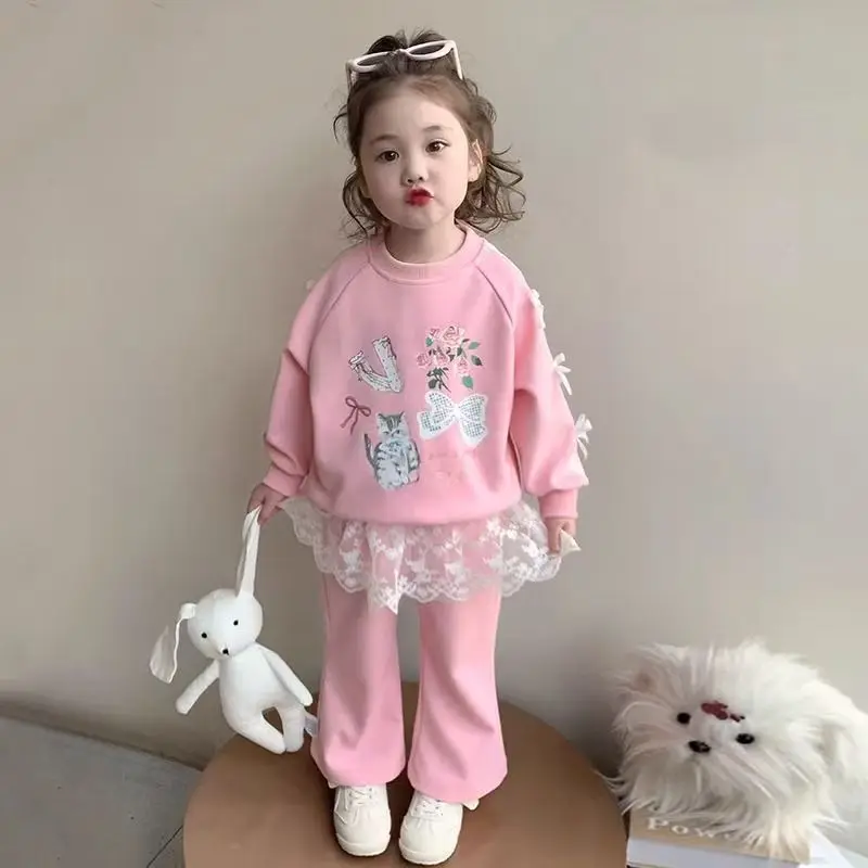

Girls' Cotton Suit New Style Bowknot Printed Sweater Casual Lace Pants Two-piece Set Children's Spring and Autumn Clothing