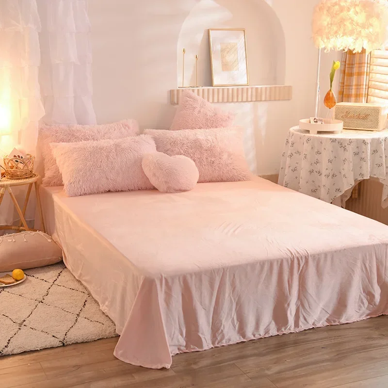 

Luxury Winter Warm Long Plush Pink Bedding Set Queen Mink Velvet Double Duvet Cover Set with Fitted Sheet Warmth Quilt Covers