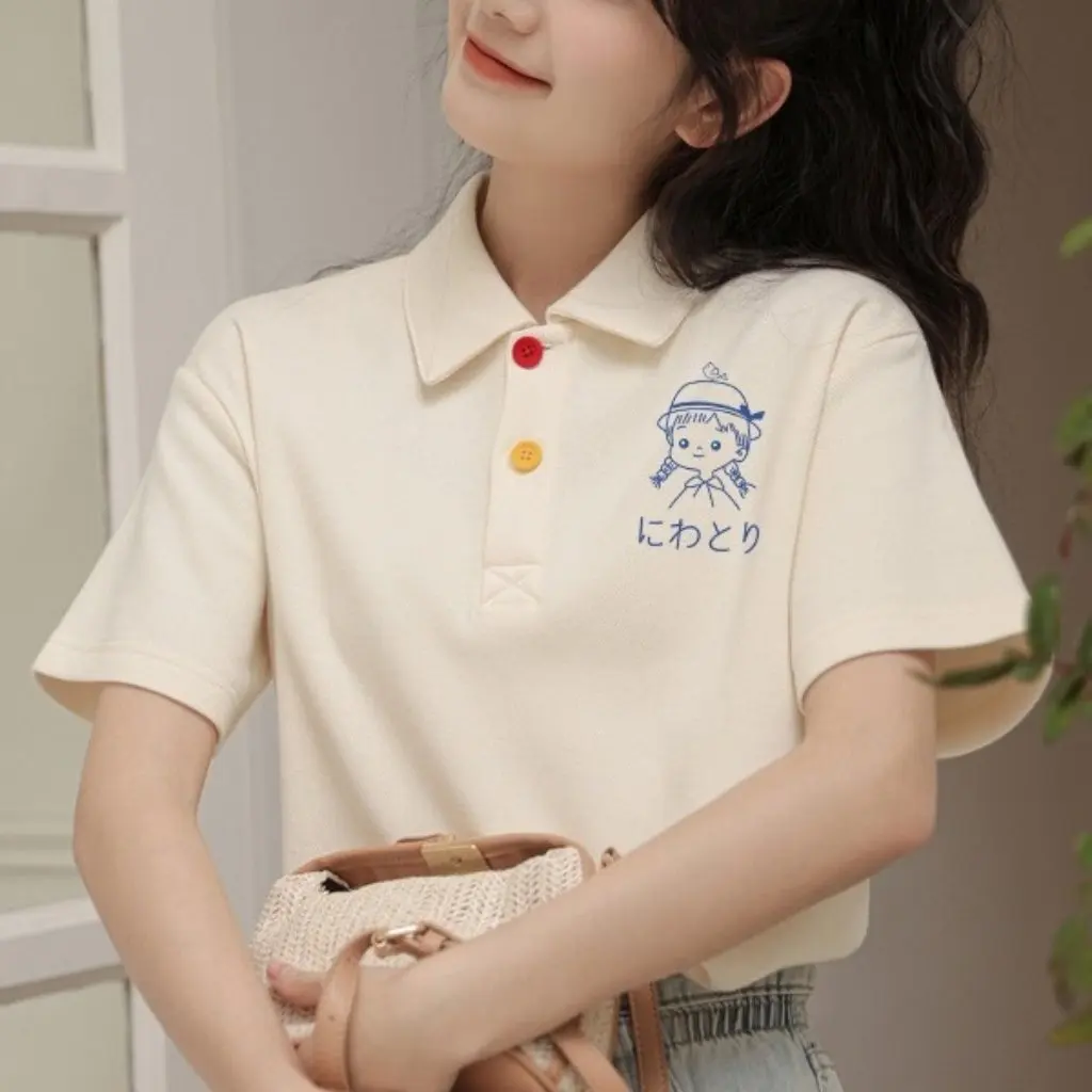 

Women's Campus Style Short-Sleeved Polo Shirt Summer New Junior High School College Lapel T-Shirt Age-Reducing Hong Kong Style