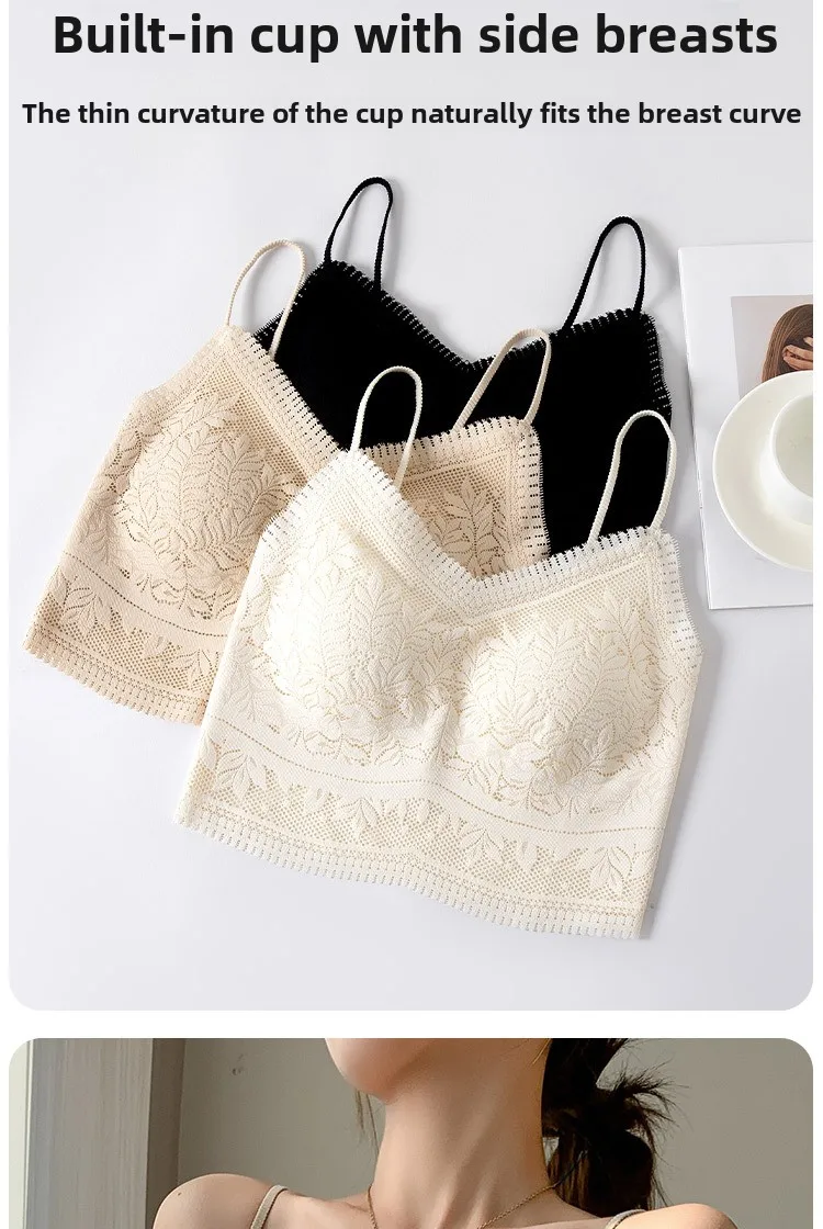 Die neue Damen-Spitzenweste mit nahtlosem kleinen Neckholder, Wickelbrust, nahtlose Unterwäsche, eine Tasse, rutschfester BH, Y2k-Top, Tank-Top, Neckholder – Detail 4