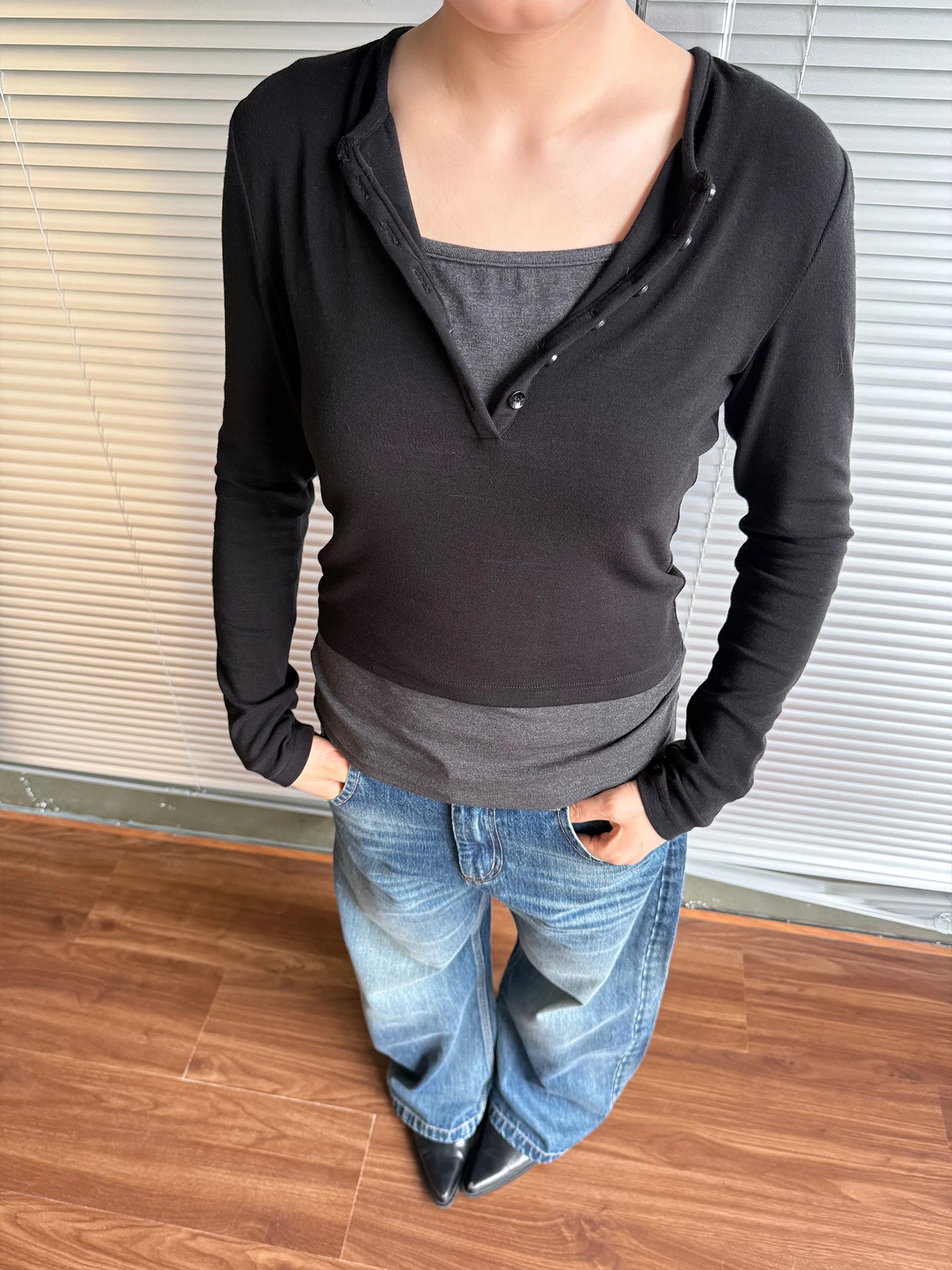 

Classic Bla ey Splice Base irt Henry Fielding Collar T-irt Casual Slim Fit Long Sve Cotton Blend Splice Design