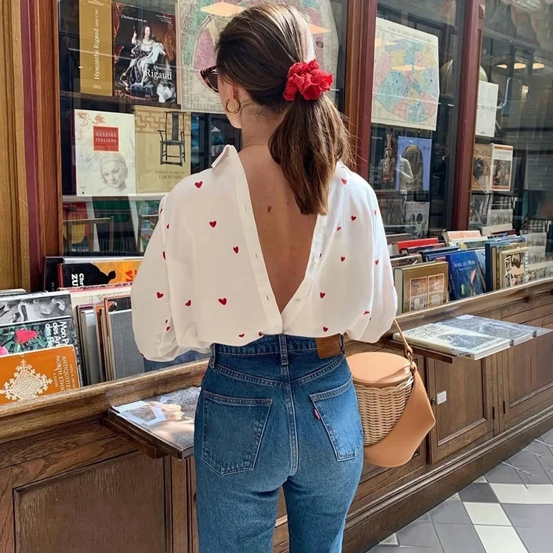 

TARUXY Long-Sleeve Polo Collar Shirt Women Heart Bow Print Loose Protection Cardigan Casual Button commuting Shirt Female Spring
