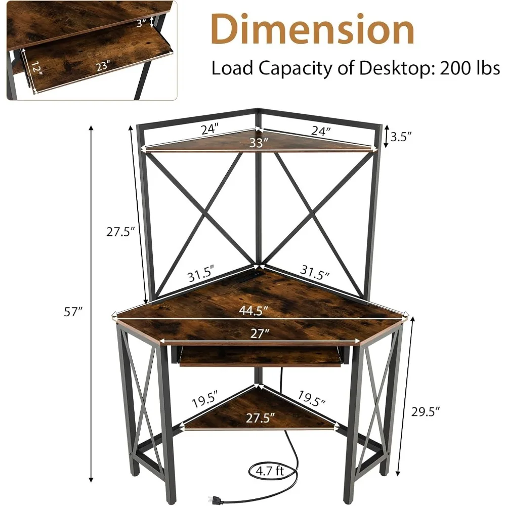 Escritorio escolar para ahorro de espacio, mesa de esquina Triangular pequeña con marco de Metal, escritorio para computadora con estante y bandeja