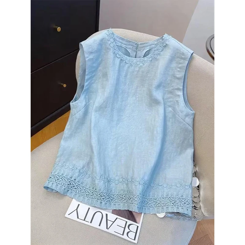 Elegant Sleeveless Blouse Women 2025 Summer Luxury Light Blue Lace Embroidery Tops High-End Chic Round Neck Tank Korean Style