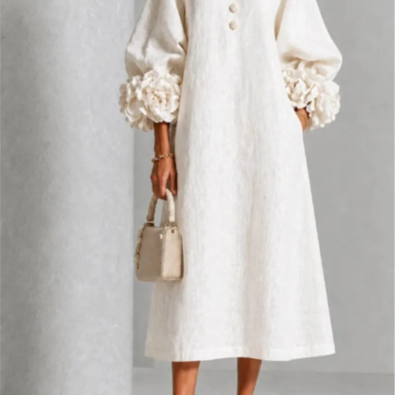 Elegant Women Linen Midi Dress Autumn Fashion O Neck Floral Lantern Sleeve Button Loose Straight Long Dress Casual Party Dresses