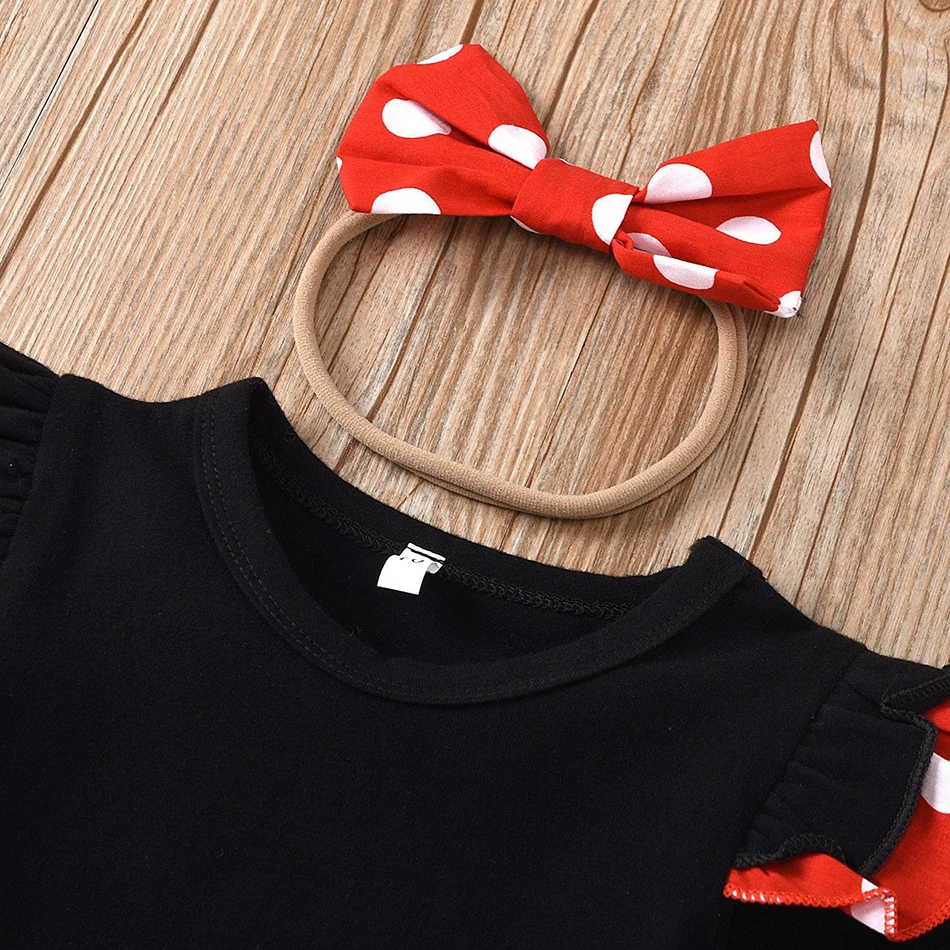 2024 Girl Dress with Headband Baby Clothing Set Kid Dots Cosplay Tops and Skirt Children Black Red Outfit Minnie Bowknot Costume