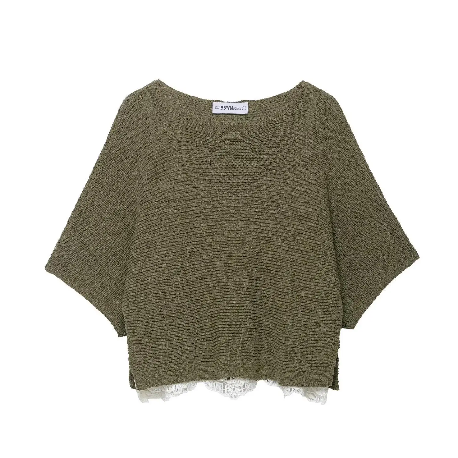 

Casual Lace Splice round Ne Knitted Top ort Sve Hollow out Bateau Sve Women's T-irt European Sle Color