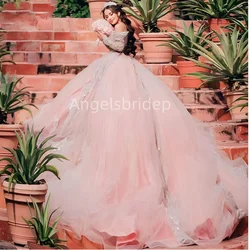 Angelsbride Luxury Pink Princess Ball Gown 15 Year Old Quinceanera Dresses With Long Trian Brithday Party  Vestidos De 15 Años