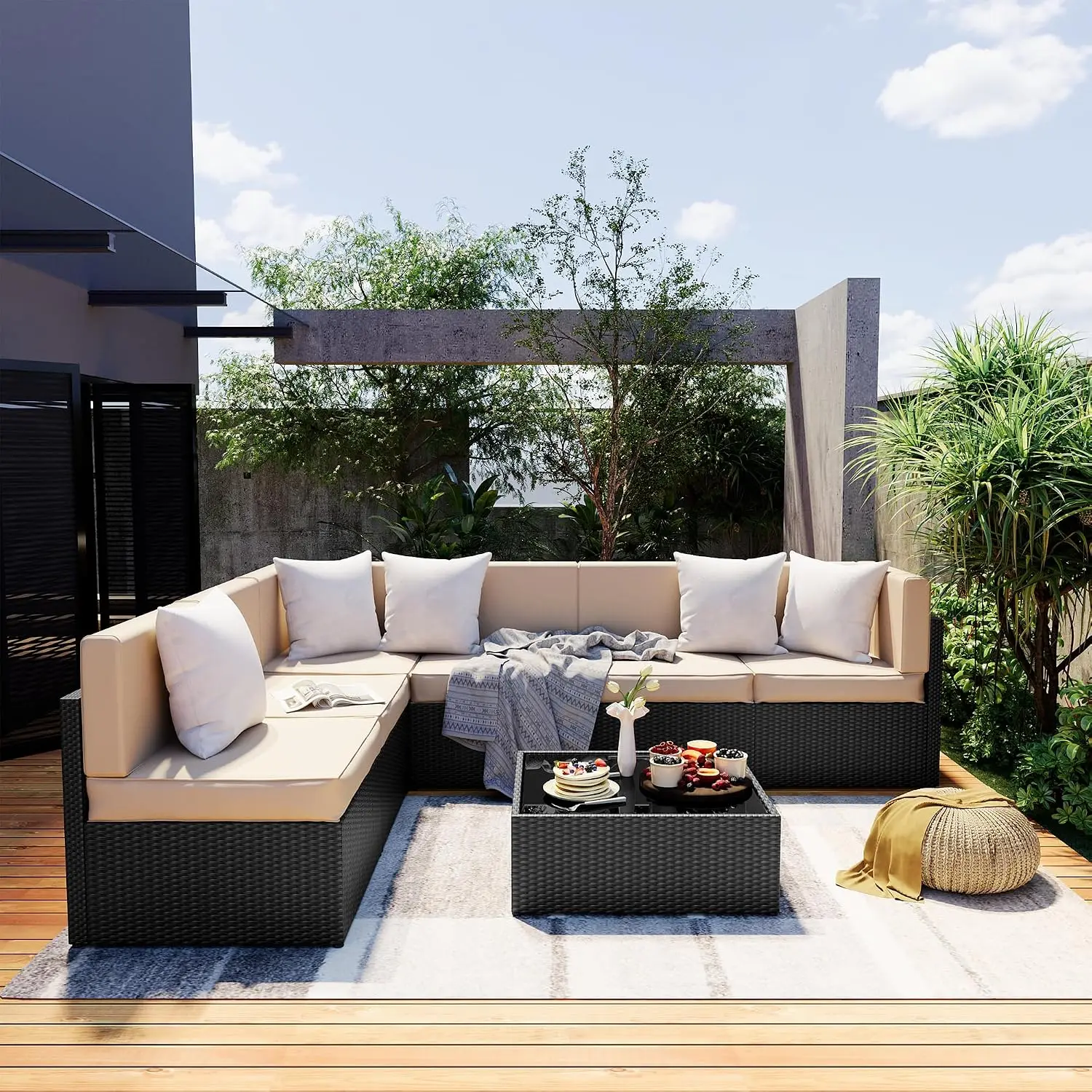 7 Pieces Outdoor Sectional Furniture，Wicker Patio sectional Furniture Sets，All-Weather Rattan Sectional Sofa, Customized