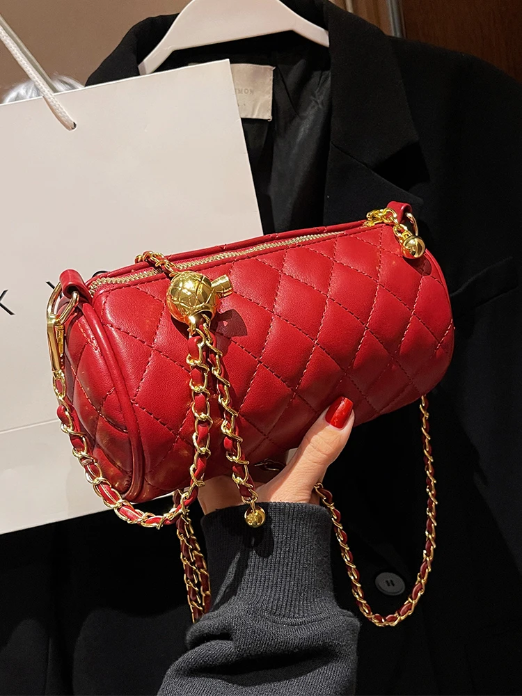 Elegant Red Chain Bag For Women Trend 2024 New Fashionable Advanced Single Shoulder Cylinder Bag Brand Crossbody Bucket Bag