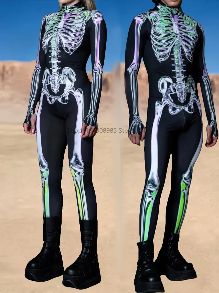 

Gray Skeleton Costume Men Women Mechanical Armor Robot Cyber Jumpsuit Neon Cosplay Punk Zentai Bodysuit